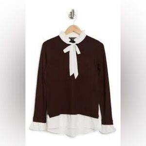 Adrianna Papell Brown and White Ruffled Tie Front Blouse
